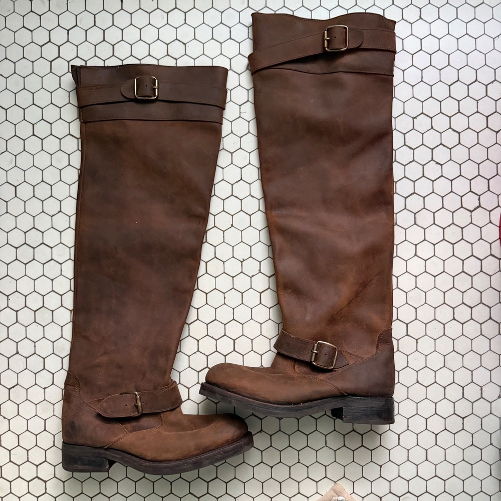 Jeffrey Campbell Over The Knee Boots Brown Size 9 Leather Buckle Moto Tall